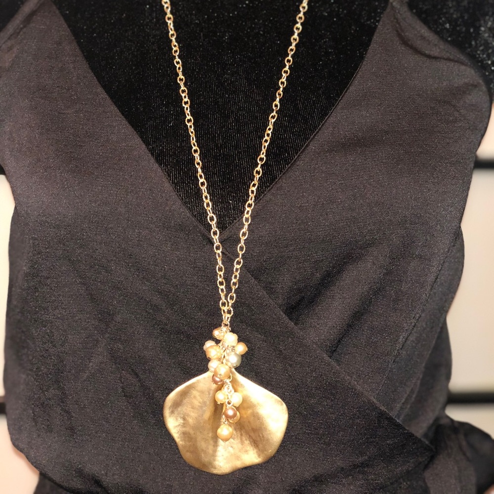 Sea shell with pearls long gold  necklace